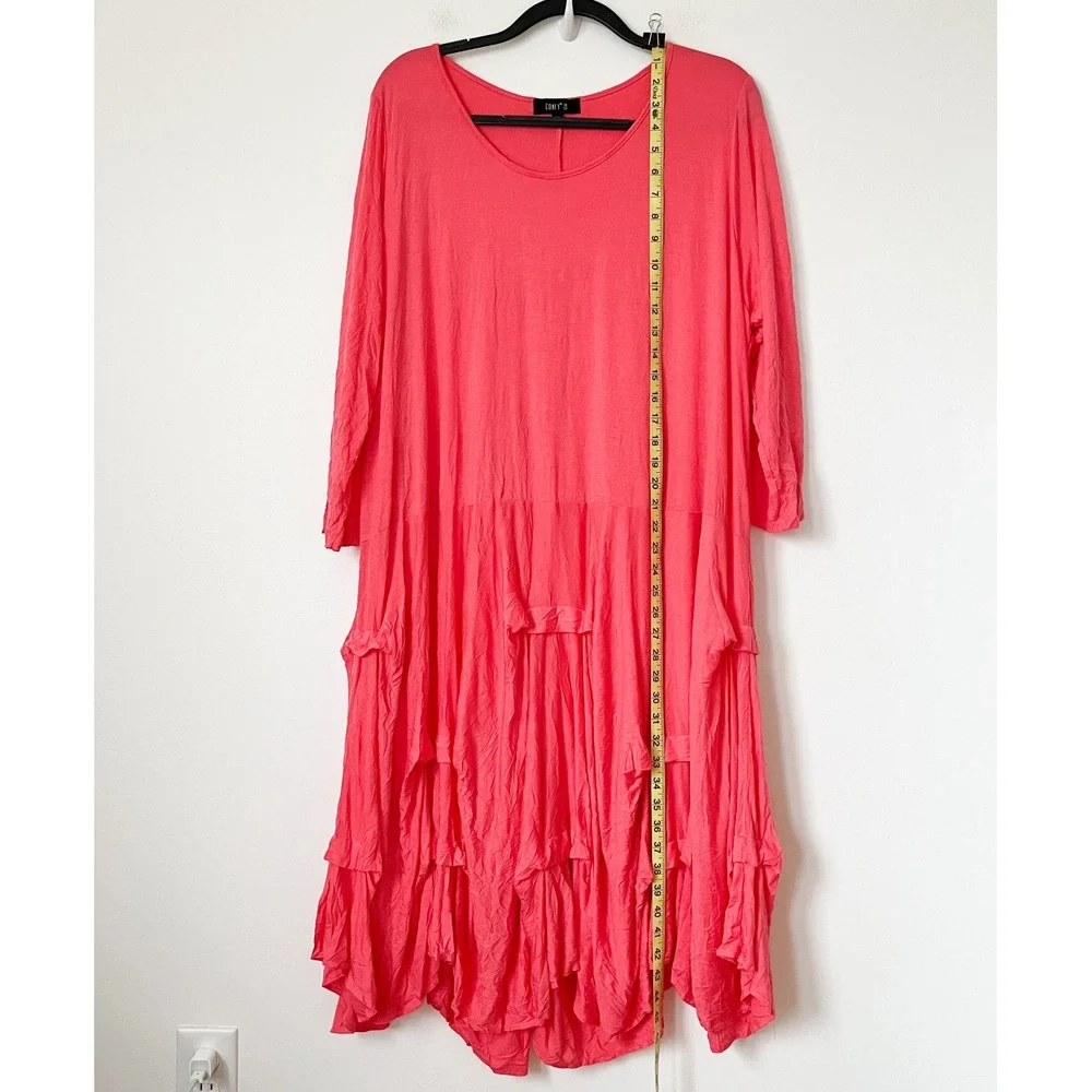 Comfy USA Coral Crinkle Scoop Neck Tiered 3/4 Sleeve Dress Womens 2X